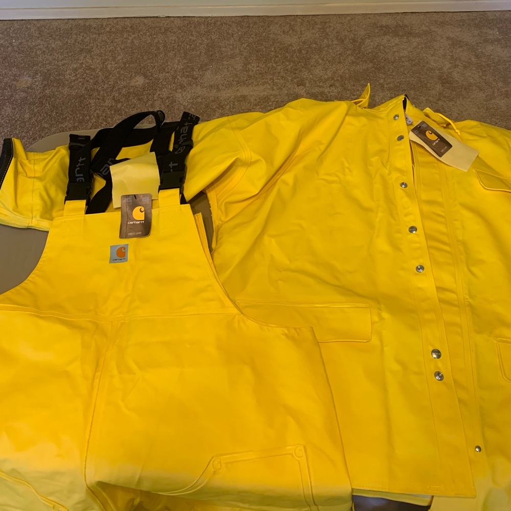 Men’s carhartt overalls and rain gear